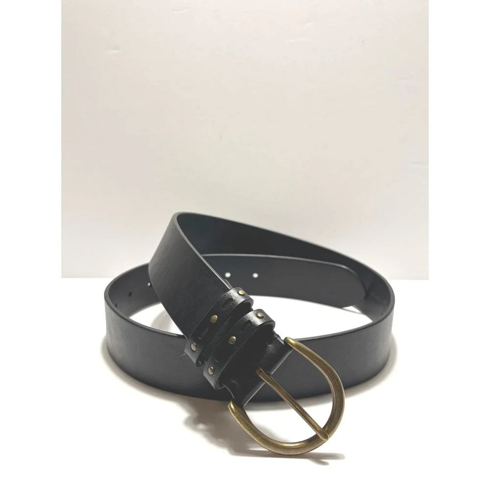 Frye and Co Belt M Black Brass Oval Buckle Studded Western Boho Casual Vegan